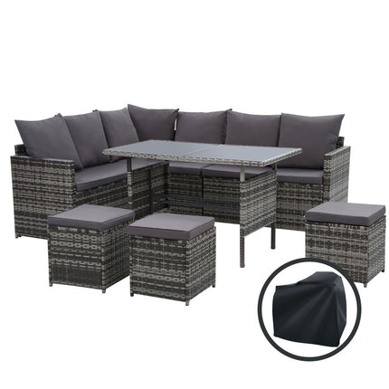 Gardeon Outdoor Dining Set Sofa Lounge Setting Chairs Table Ottoman Grey Cover.