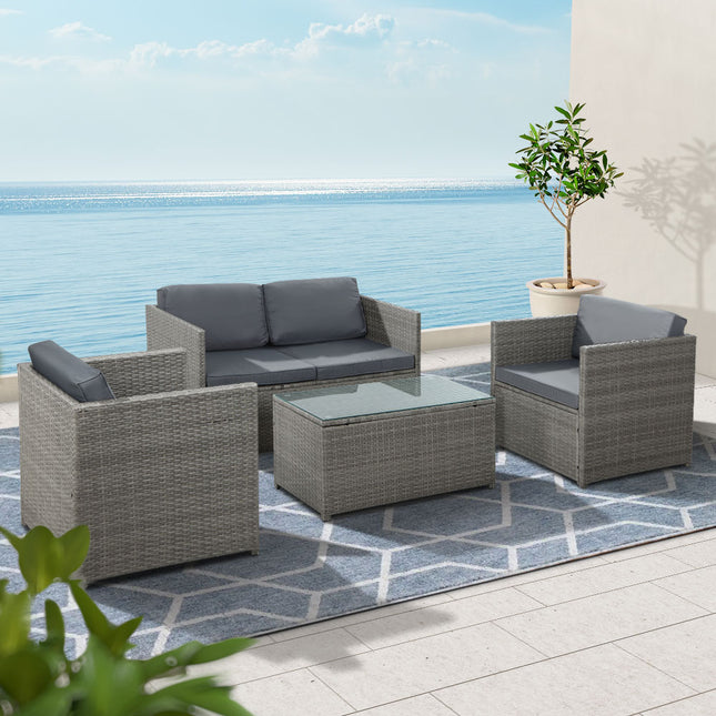 Gardeon 4-Piece Outdoor Sofa Set Wicker Couch Lounge Setting Grey.