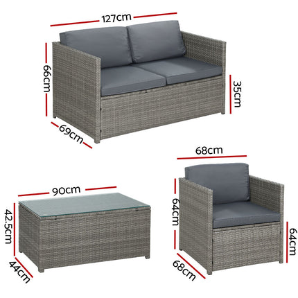 Gardeon 4-Piece Outdoor Sofa Set Wicker Couch Lounge Setting Grey.