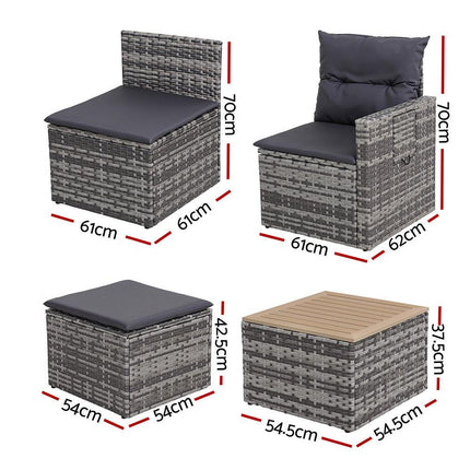 Gardeon 5 Pieces Outdoor Sofa Set 4-Seater Grey Rattan Patio Furniture Table and Chair Setting.