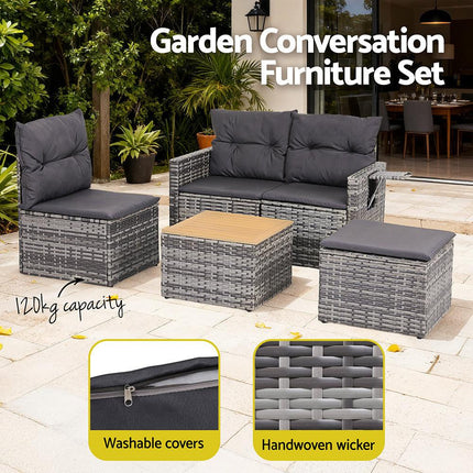Gardeon 5 Pieces Outdoor Sofa Set 4-Seater Grey Rattan Patio Furniture Table and Chair Setting.