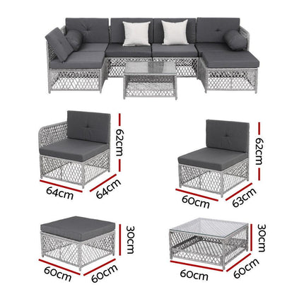 Gardeon 6 Seater Outdoor Sofa Set 7PCS Table Chair Set Garden Rattan Patio Furniture.