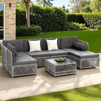 Gardeon 6 Seater Outdoor Sofa Set 7PCS Table Chair Set Garden Rattan Patio Furniture.