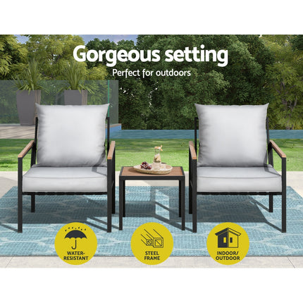 Gardeon 3PC Outdoor Furniture Bistro Set Lounge Setting Chairs Table Patio Black.
