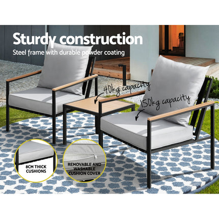 Gardeon 3PC Outdoor Furniture Bistro Set Lounge Setting Chairs Table Patio Black.