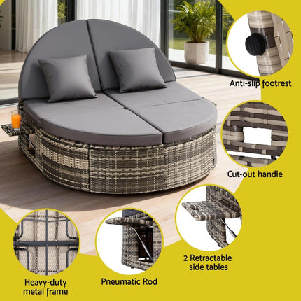 Gardeon Outdoor Day Bed Sun Lounge Setting Wicker Lounger Patio Furniture w/ Retractable Side Tray.
