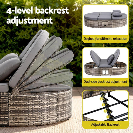 Gardeon Outdoor Day Bed Sun Lounge Setting Wicker Lounger Patio Furniture w/ Retractable Side Tray.