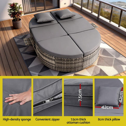Gardeon Outdoor Day Bed Sun Lounge Setting Wicker Lounger Patio Furniture w/ Retractable Side Tray.