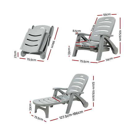 Gardeon Sun Lounger Folding Lounge Chair Wheels Patio Outdoor Furniture Grey.