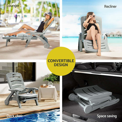 Gardeon Sun Lounger Folding Lounge Chair Wheels Patio Outdoor Furniture Grey.