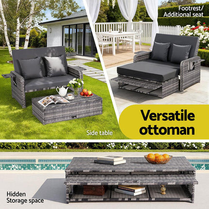 Gardeon Outdoor Day Bed Sun Lounge Setting Wicker Lounger Patio Furniture Grey.