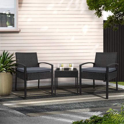 Gardeon 3PC Patio Furniture Bistro Set Wicker Outdoor Lounge Setting Black.