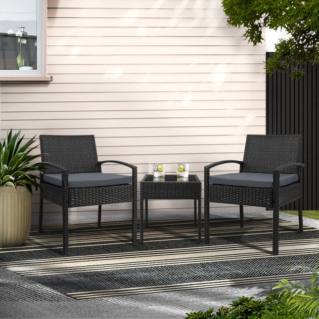 Gardeon 3PC Patio Furniture Bistro Set Wicker Outdoor Lounge Setting Black.