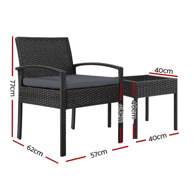 Gardeon 3PC Patio Furniture Bistro Set Wicker Outdoor Lounge Setting Black.