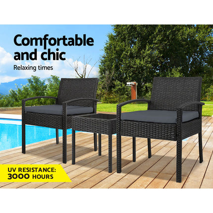 Gardeon 3PC Patio Furniture Bistro Set Wicker Outdoor Lounge Setting Black.