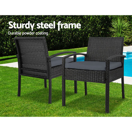 Gardeon 3PC Patio Furniture Bistro Set Wicker Outdoor Lounge Setting Black.