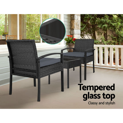 Gardeon 3PC Patio Furniture Bistro Set Wicker Outdoor Lounge Setting Black.