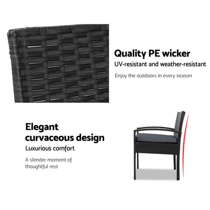 Gardeon 3PC Patio Furniture Bistro Set Wicker Outdoor Lounge Setting Black.