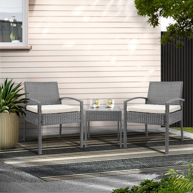 Gardeon 3PC Patio Furniture Bistro Set Wicker Outdoor Lounge Setting Grey.