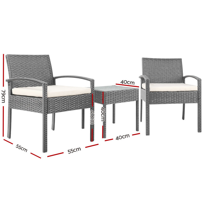 Gardeon 3PC Patio Furniture Bistro Set Wicker Outdoor Lounge Setting Grey.
