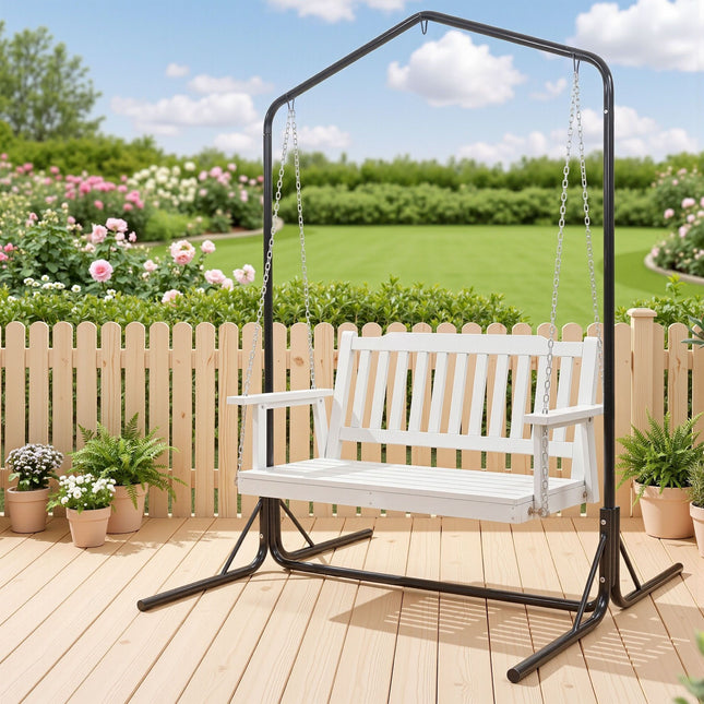 Gardeon Wooden 2-Seater Outdoor Swing Chair with Black Stand White Hanging Chair