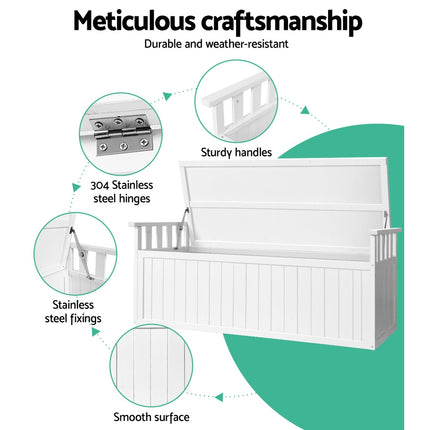 Gardeon Outdoor Storage Bench Box 129cm Wooden Garden Toy Chest Sheds Patio Furniture XL White.