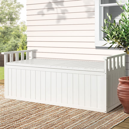Gardeon Outdoor Storage Bench Box 129cm Wooden Garden Toy Chest Sheds Patio Furniture XL White.