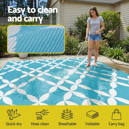 Gardeon Outdoor Rugs 274x366cm Large Carpet Reversible Area Mat PP Dual-Sided Patio Rug Light Blue.