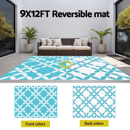 Gardeon Outdoor Rugs 274x366cm Large Carpet Reversible Area Mat PP Dual-Sided Patio Rug Light Blue.