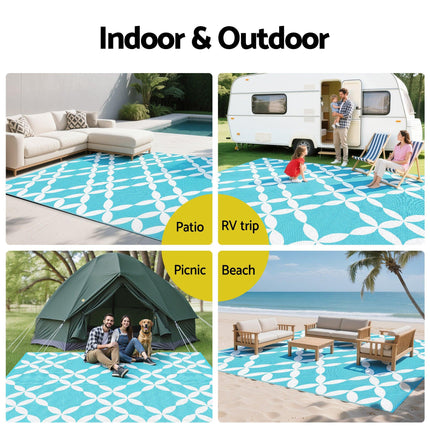 Gardeon Outdoor Rugs 274x366cm Large Carpet Reversible Area Mat PP Dual-Sided Patio Rug Light Blue.
