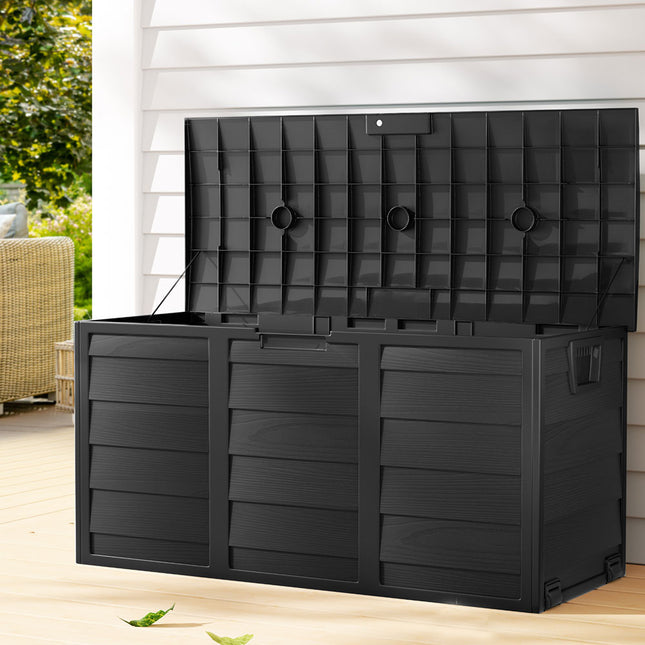 Gardeon Outdoor Storage Box 290L Lockable Organiser Garden Deck Shed All Black.
