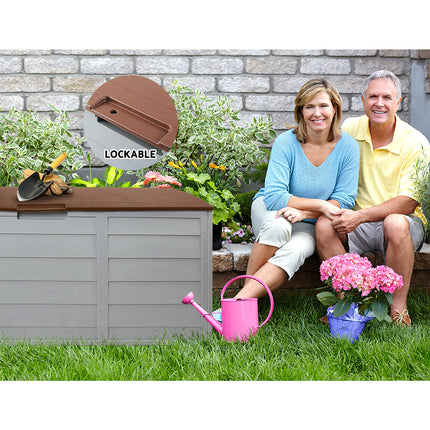 Gardeon Outdoor Storage Box 290L Lockable Organiser Garden Deck Shed Tool Brown.