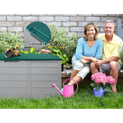 Gardeon Outdoor Storage Box 290L Lockable Organiser Garden Deck Shed Tool Green.