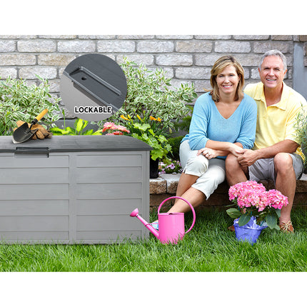 Gardeon Outdoor Storage Box 290L Lockable Organiser Garden Deck Shed Tool Grey.