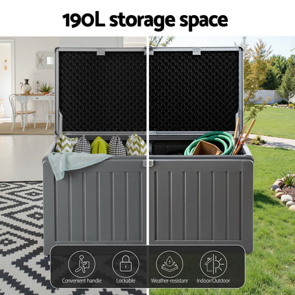 Gardeon Outdoor Storage Box 190L Container Lockable Garden Bench Tool Shed Black.