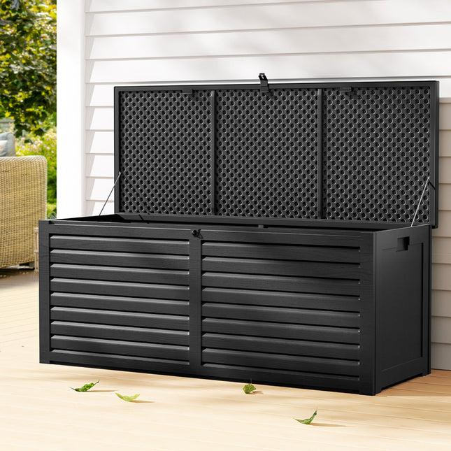 Gardeon Outdoor Storage Box 390L Container Lockable Garden Bench Shed Tools Toy All Black.