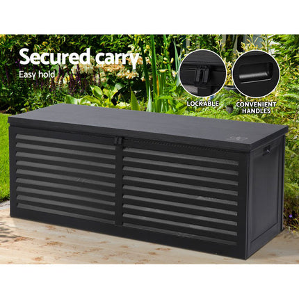 Gardeon Outdoor Storage Box 390L Container Lockable Garden Bench Shed Tools Toy All Black.