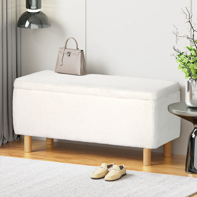 Artiss Storage Ottoman Blanket Box 99cm Teddy Fabric White.