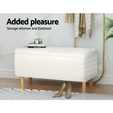 Artiss Storage Ottoman Blanket Box 99cm Teddy Fabric White.