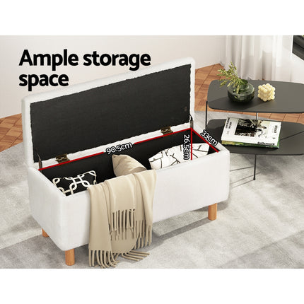 Artiss Storage Ottoman Blanket Box 99cm Teddy Fabric White.