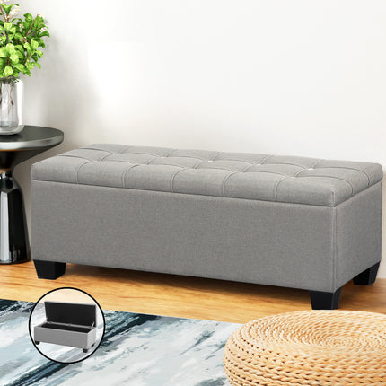 Artiss Storage Ottoman Blanket Box 97cm Button Linen Grey.