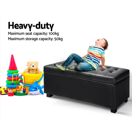 Artiss Storage Ottoman Blanket Box 97cm Leather Black.