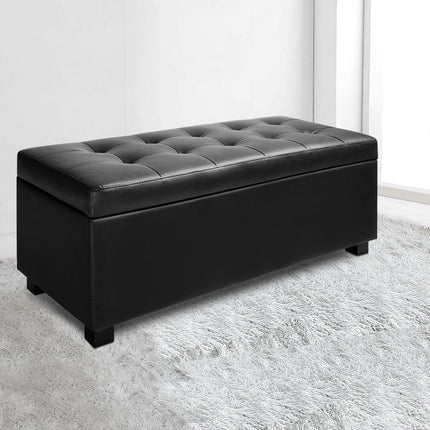 Artiss Storage Ottoman Blanket Box 97cm Leather Black.