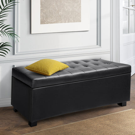 Artiss Storage Ottoman Blanket Box 97cm Leather Black.