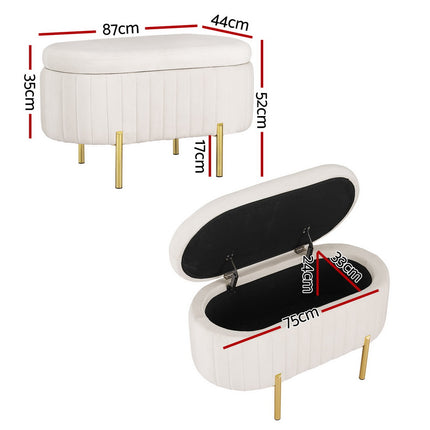 Artiss Storage Ottoman Blanket Box 87cm Velvet Oval White.