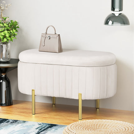 Artiss Storage Ottoman Blanket Box 87cm Velvet Oval White.