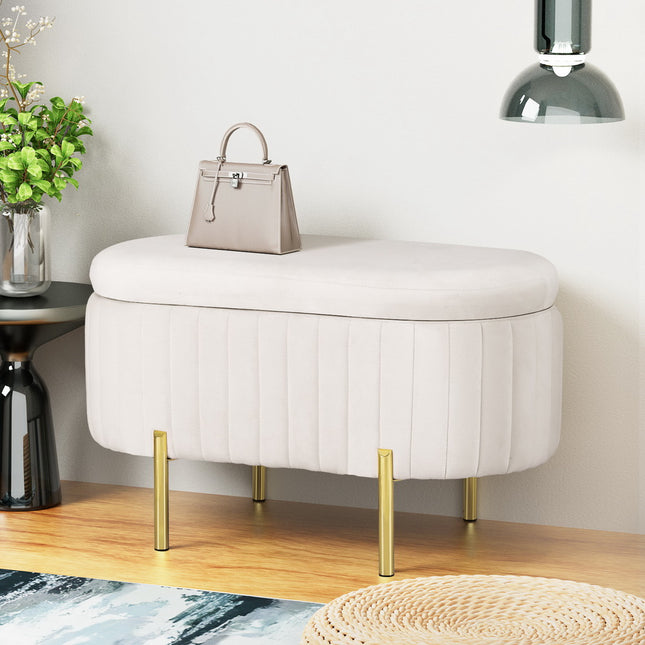 Artiss Storage Ottoman Blanket Box 87cm Velvet Oval White.