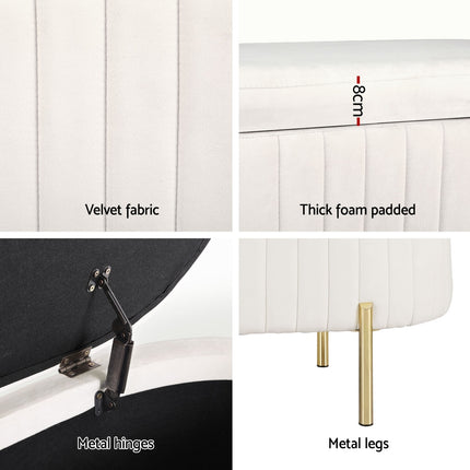 Artiss Storage Ottoman Blanket Box 87cm Velvet Oval White.