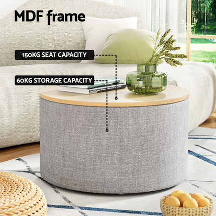 Artiss Storage Ottoman Blanket Box 60cm Linen Round Grey.
