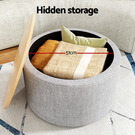 Artiss Storage Ottoman Blanket Box 60cm Linen Round Grey.